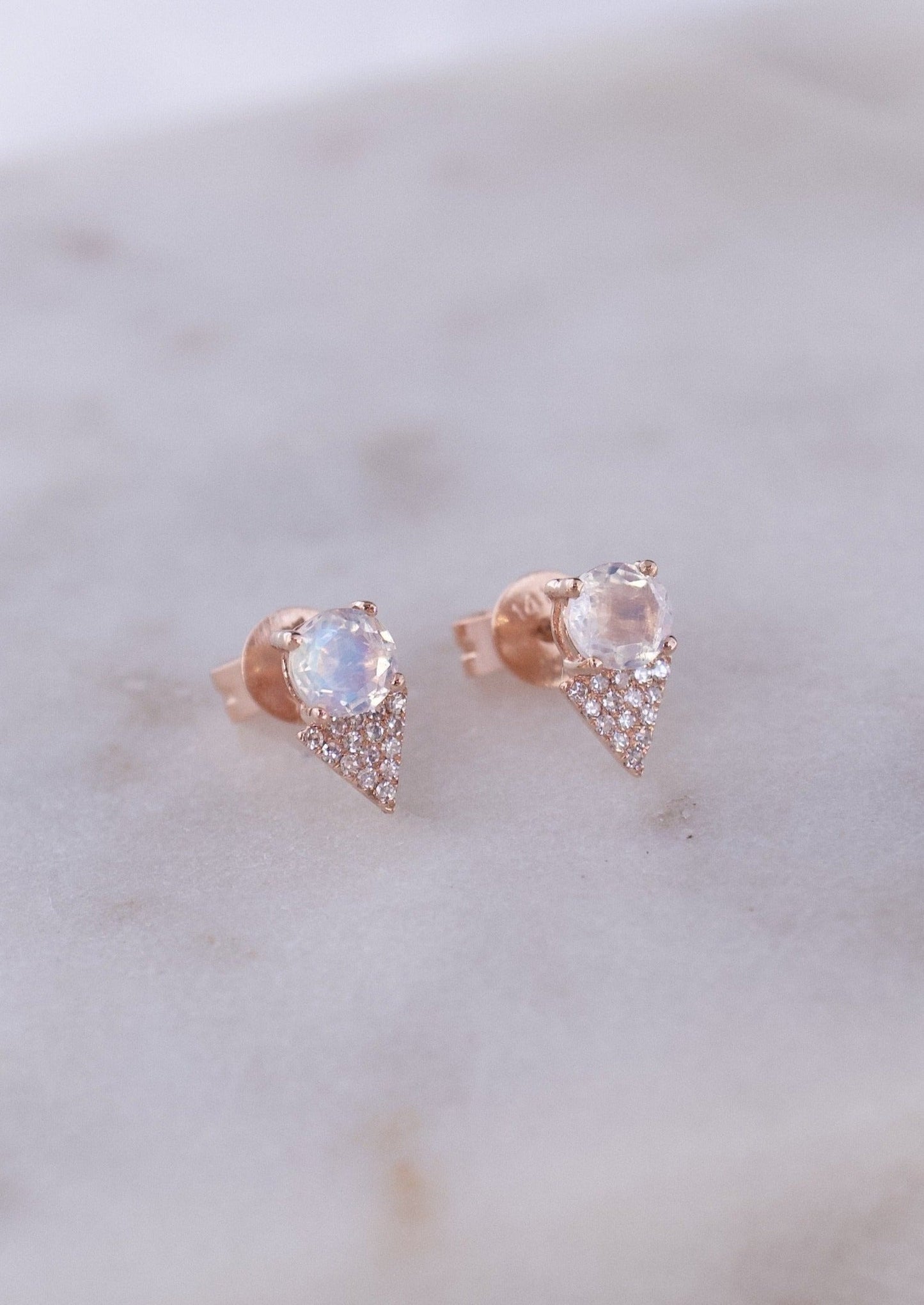 14k Gold Moon Stone Diamond Triangle Earrings