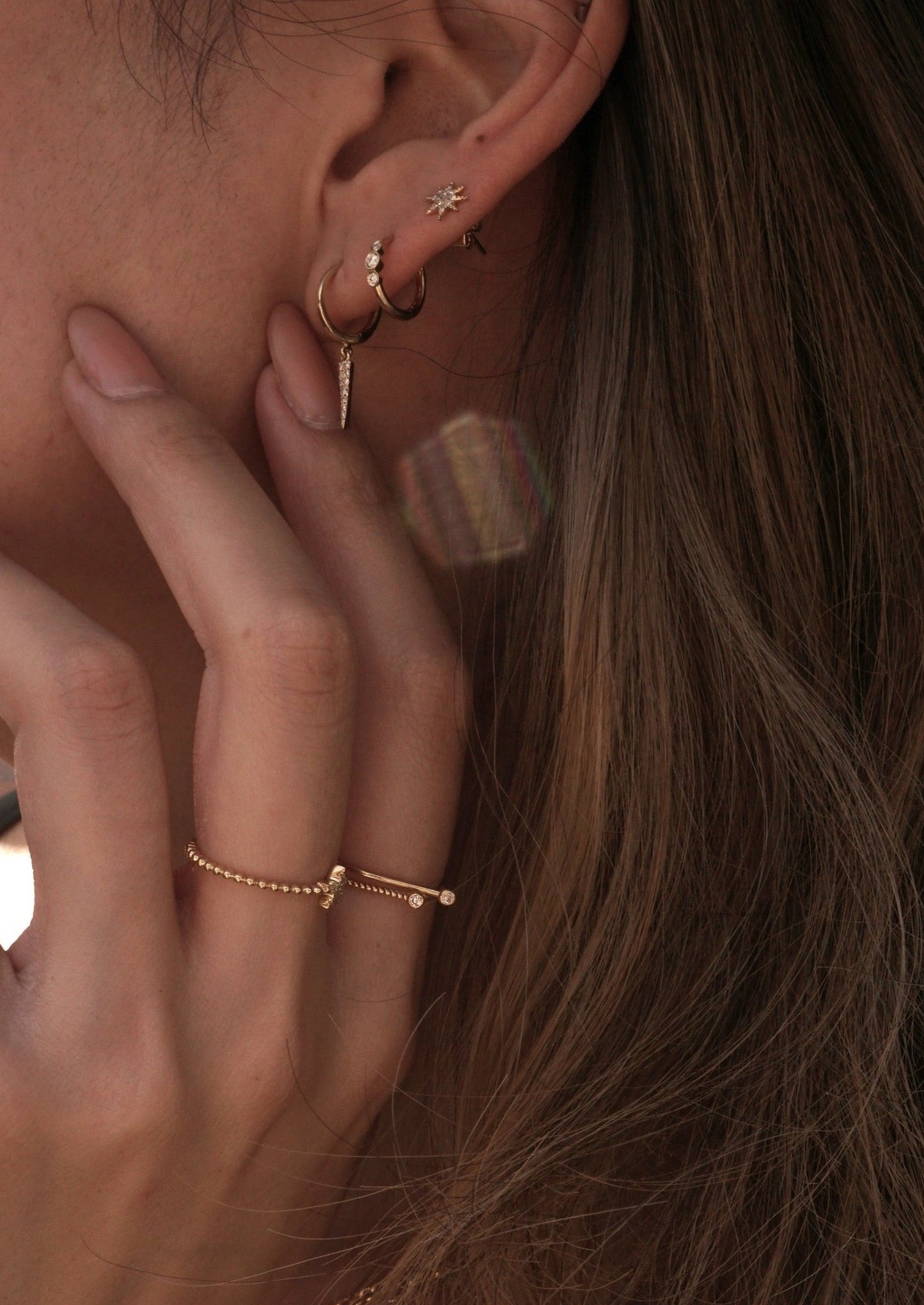 14k Gold 3 Bezel Diamond Huggie Earring