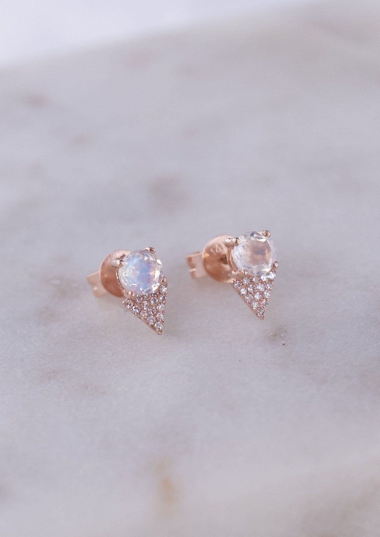 14k Gold Moon Stone Diamond Triangle Earrings